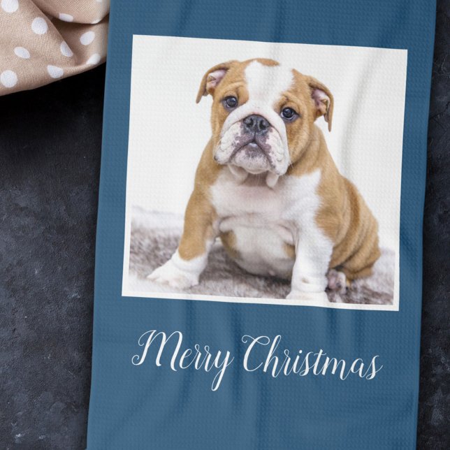 Modern Bulldog Dog Merry Christmas Holiday Photo Tea Towel (Creator Uploaded)