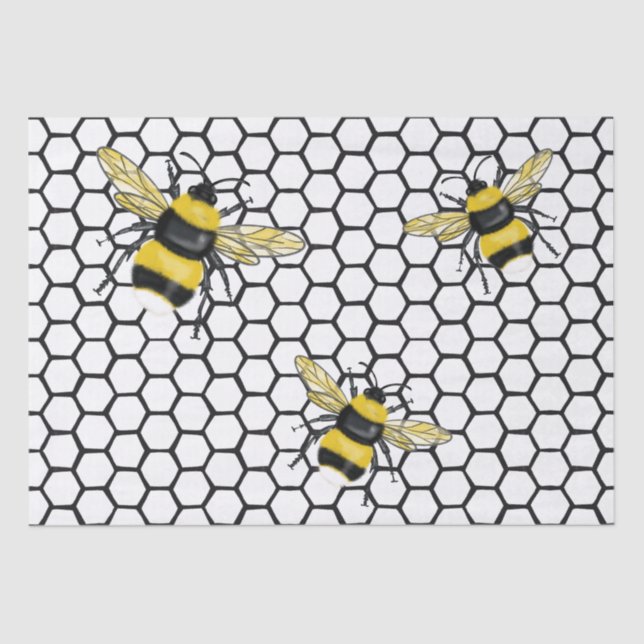 Modern Bumblebee Flying Over Beehive Pattern Tissue Paper (Front)