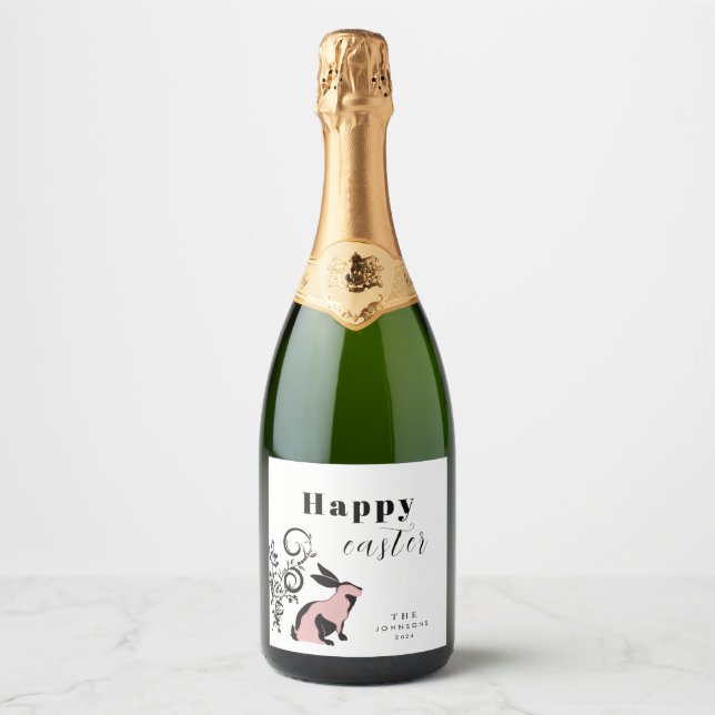 Modern Bunny Happy Easter Personalised Sparkling Wine Label (Front)