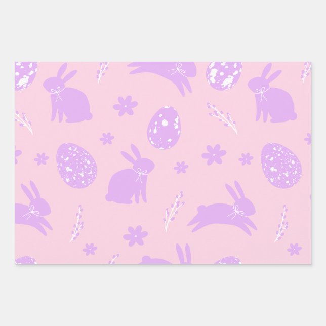 Modern Bunny Rabbit Easter Egg Floral Pattern Wrapping Paper Sheet (Front)
