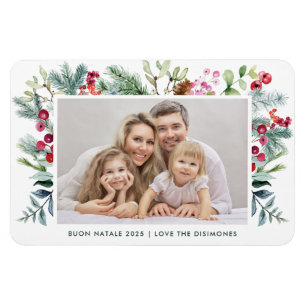 Modern Buon Natale Watercolor Holly Berry Photo  Magnet