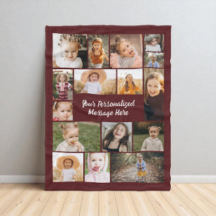 Modern Burgundy 16 Photo Collage Custom Colour  Fleece Blanket