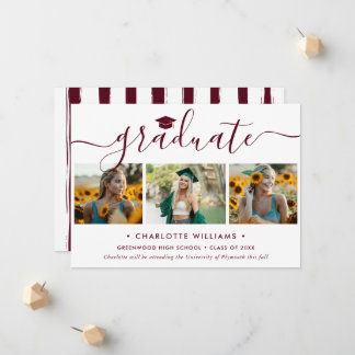 Modern Burgundy 3 Photo Collage Script Graduation Announcement