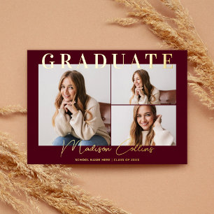 Modern Burgundy 3 Photo Graduation Gold