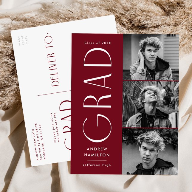 Modern Burgundy 3 Photo Graduation Party Invitation Postcard (Creator Uploaded)