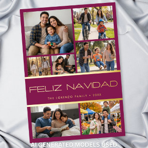 Modern Burgundy 7 Photo Collage Feliz Navidad Foil Holiday Card