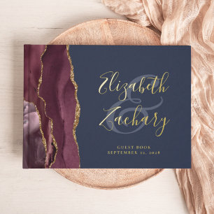Modern Burgundy Agate Gold Script Navy Blue Guest Book