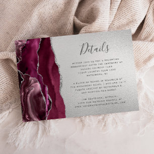 Modern Burgundy Agate Silver Wedding Details Enclosure Card