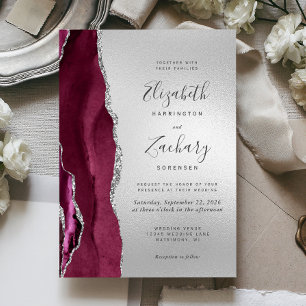 Modern Burgundy Agate Silver Wedding Invitation