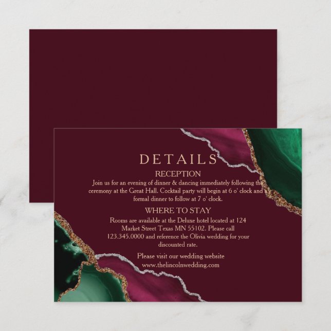  Modern Burgundy Agate Wedding Details Enclosure Card (Front/Back)