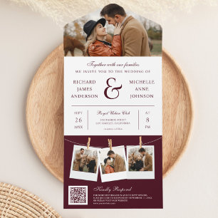 Modern Burgundy Ampersand Photo QR Code Wedding All In One Invitation