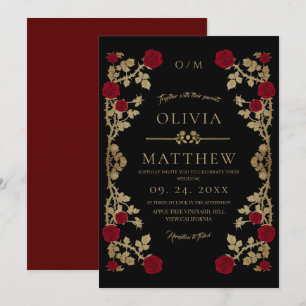 Modern Burgundy and black ⎮ Boho Red Rose Wedding Invitation