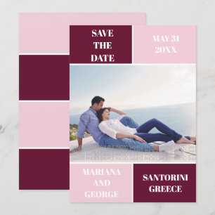 Modern burgundy and blush colour block wedding save the date