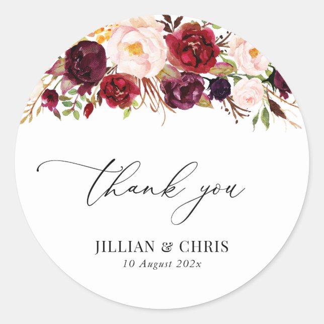 Modern Burgundy And Blush Floral wedding Classic Round Sticker (Front)