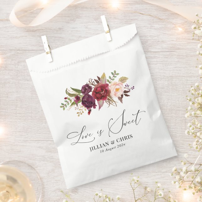 Modern Burgundy And Blush Floral Wedding Favour Bag (Clipped)