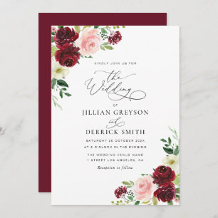 modern burgundy and blush floral wedding invitation