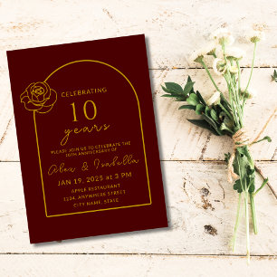 Modern burgundy and Gold 10th Wedding Anniversary Invitation