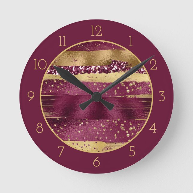 Modern burgundy and gold brush strokes with border round clock (Front)