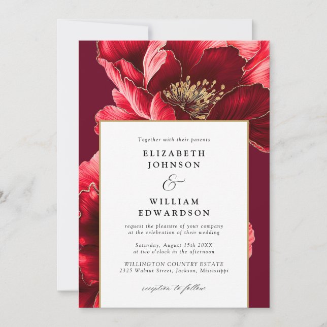 Modern Burgundy And Gold Floral All In One Wedding Invitation (Front)