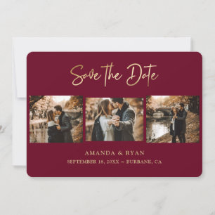 Modern Burgundy and Gold Foil Wedding 3 Photo Save The Date