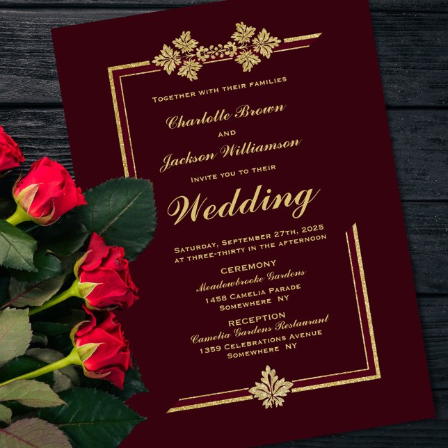 Modern Burgundy and Gold Glitter Wedding Invitation (Creator Uploaded)