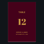 Modern Burgundy and Gold Wedding Table Number<br><div class="desc">A modern sophisticated burgundy and gold wedding table number card.</div>