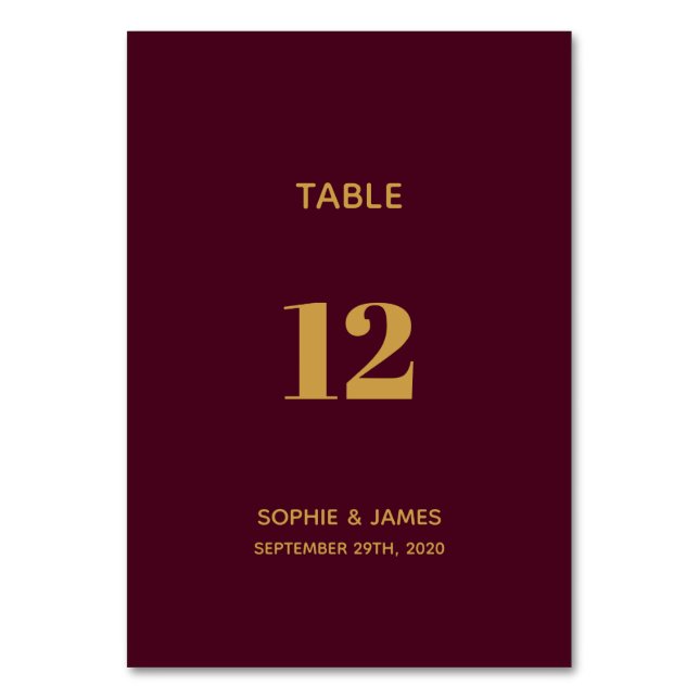 Modern Burgundy and Gold Wedding Table Number (Front)