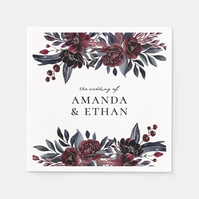 Modern Burgundy and Navy Floral Botanical Wedding Napkin (Front)