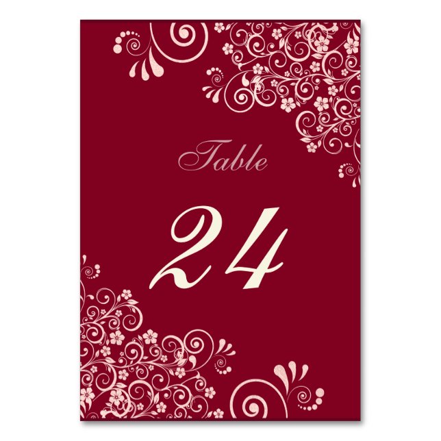 Modern Burgundy and Rose Gold  Floral Swirl Table Number (Front)