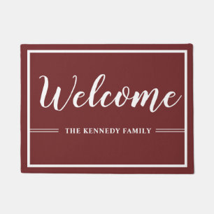 Modern Burgundy And White Family Name Welcome Doormat