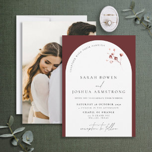 Modern Burgundy Arch Botanical Photo Wedding Invit Invitation