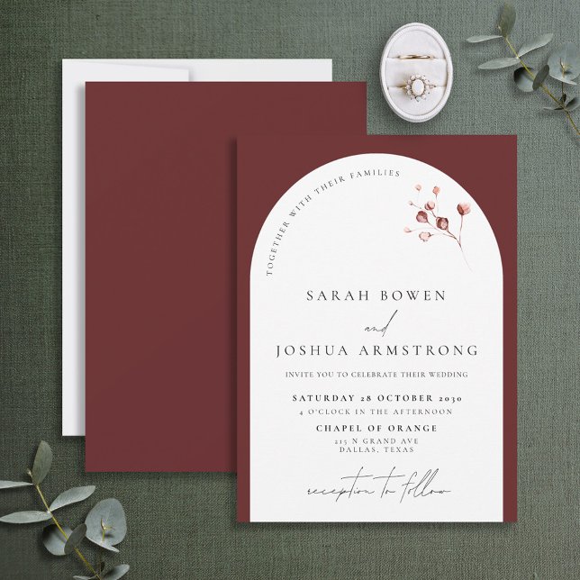 Modern Burgundy Arch Botanical Script Wedding Invi Invitation (Creator Uploaded)