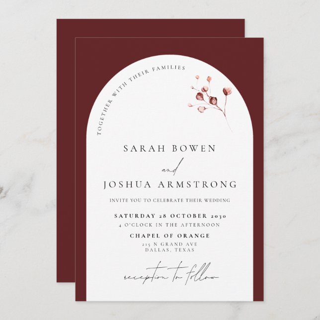 Modern Burgundy Arch Botanical Script Wedding Invitation (Front/Back)
