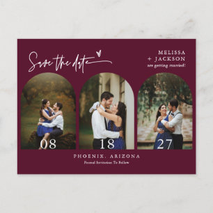 Modern Burgundy Arch Photo QR Code Save the Date Postcard