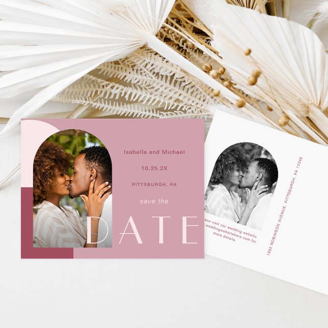 Modern Burgundy Arch Photo Wedding Save the Date Postcard (Creator Uploaded)