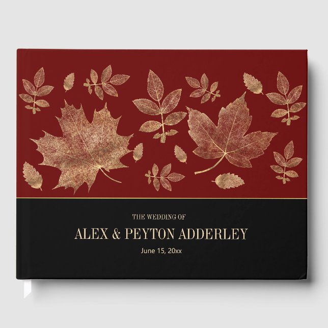 Modern Burgundy Black Autumn Leaves Wedding Guest Book (Front)