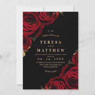 Modern Burgundy Black ⎮ Red Rose Floral Wedding Invitation
