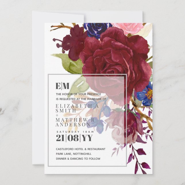 Modern Burgundy Blue Roses Floral Overlay Wedding (Front)