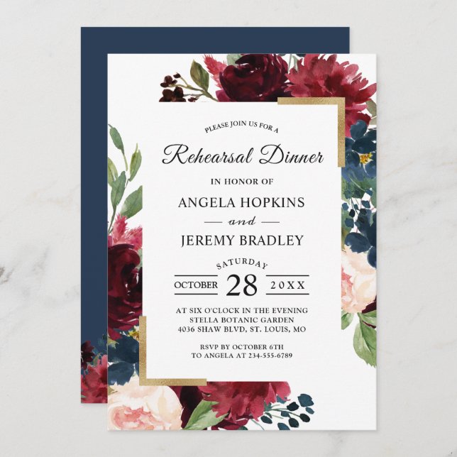 Modern Burgundy Blush Blue Floral Rehearsal Dinner Invitation (Front/Back)