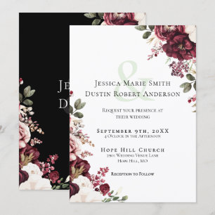 Modern Burgundy Blush Floral Black Wedding Invitation