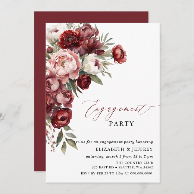 Modern Burgundy Blush Floral Engagement Party Invitation (Front/Back)