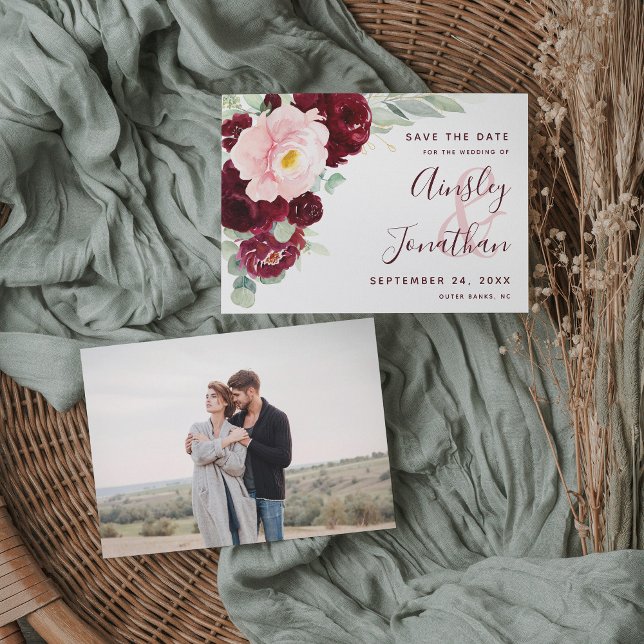 Modern Burgundy Blush Floral Greenery Photo Save The Date (Creator Uploaded)