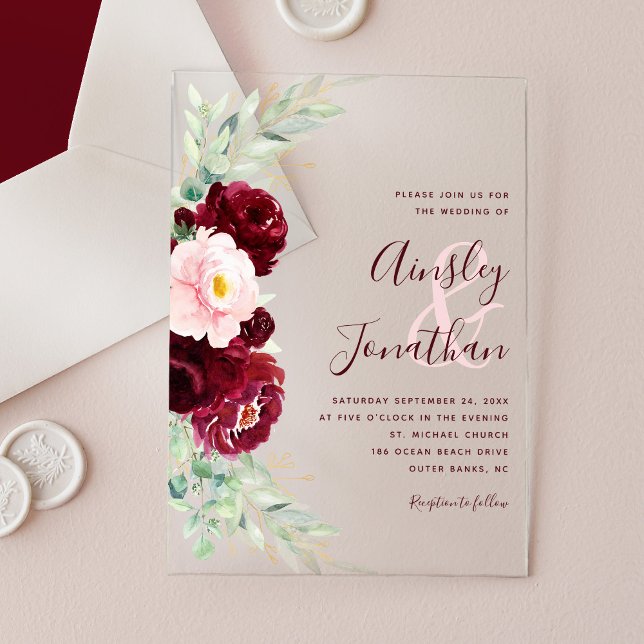 Modern Burgundy Blush Floral Greenery Wedding Acrylic Invitations (Creator Uploaded)