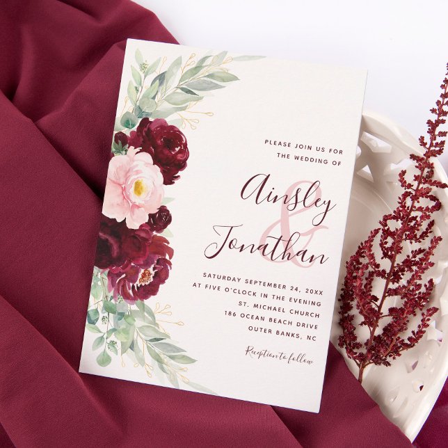 Modern Burgundy Blush Floral Greenery Wedding Invitation (Creator Uploaded)