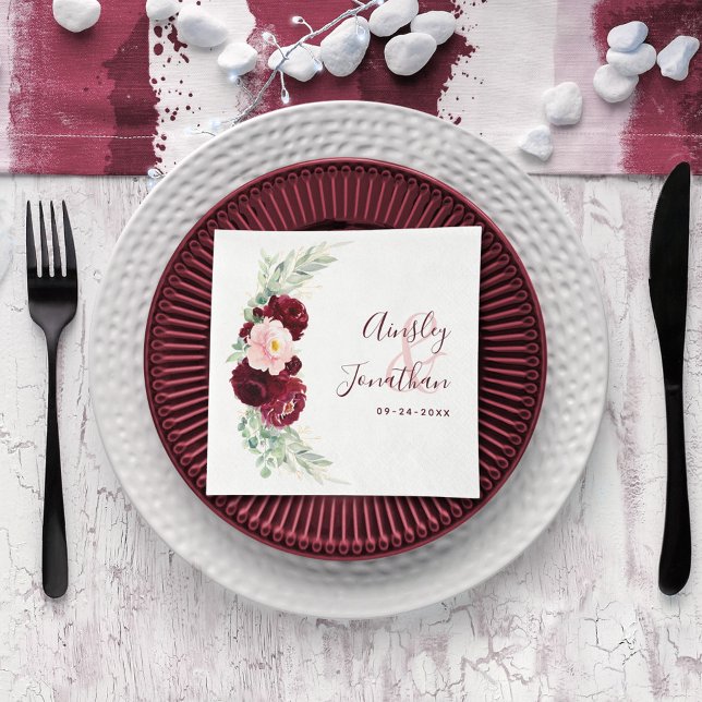 Modern Burgundy Blush Floral Greenery Wedding Napkin (Creator Uploaded)