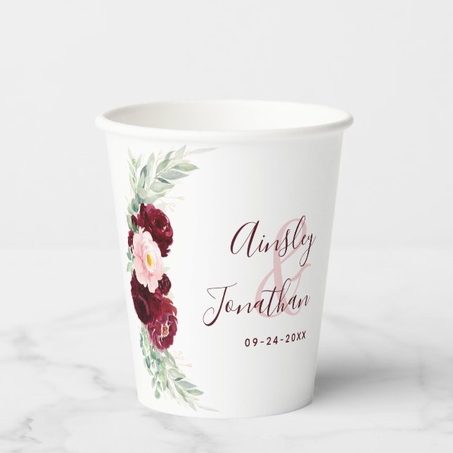 Modern Burgundy Blush Floral Greenery Wedding Paper Cups (Front)