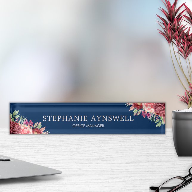 Modern Burgundy Blush Floral Navy Blue Watercolor Nameplate (Creator Uploaded)
