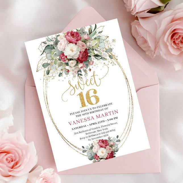 Modern Burgundy Blush Floral Sweet 16 Birthday  Invitation (Modern Burgundy Blush Floral Sweet 16 Birthday Invitation)