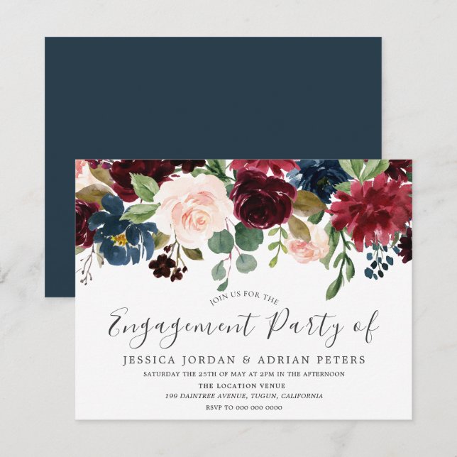 Modern Burgundy Blush Flowers Engagement Party Invitation (Front/Back)