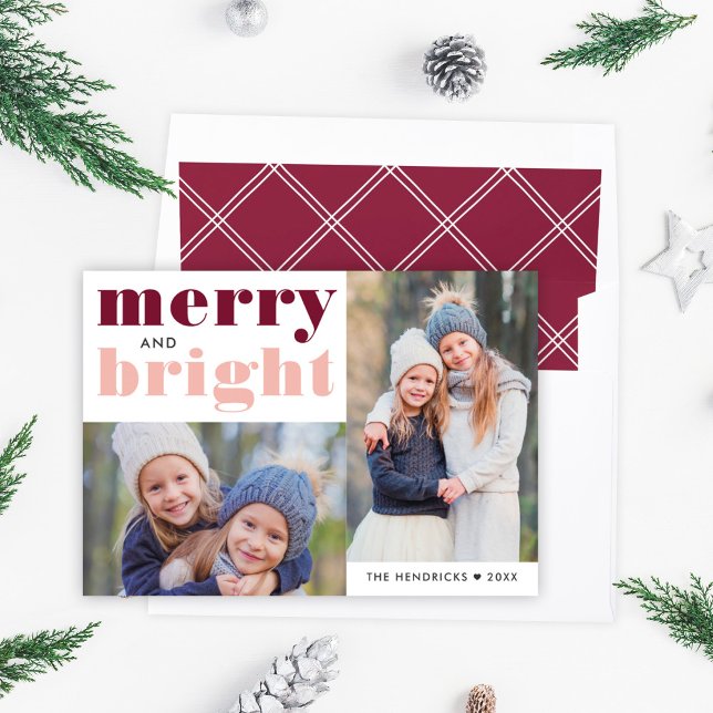 Modern Burgundy Blush Merry & Bright Holiday Card (Creator Uploaded)